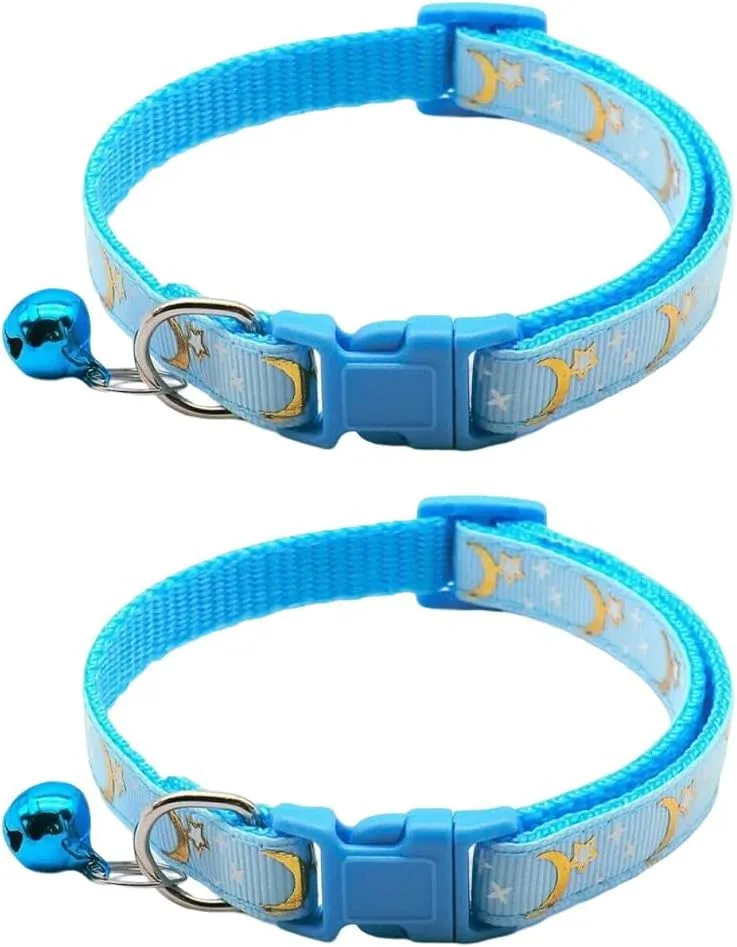 Reflective Cat Collars Breakaway with Bell Moons Stars 2 Pack Girl Boy Pet Kitten Collar Adjustable 7.5-12.5 Inch (Blue)