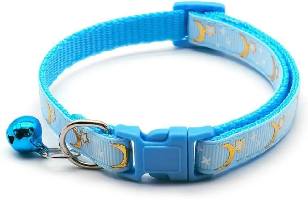 Reflective Cat Collars Breakaway with Bell Moons Stars 2 Pack Girl Boy Pet Kitten Collar Adjustable 7.5-12.5 Inch (Blue)