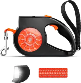 Retractable Dog Leash,16ft Dog Walking Leash with LED Light, Reflective Strong Nylon Tape,Auto Lock Control,360 Tangle Free,for Small Medium Large Dogs Up to 70lbs,Black