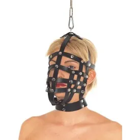 Rimba Black Leather Muzzle Mask and Ring with Adjustable Buckles