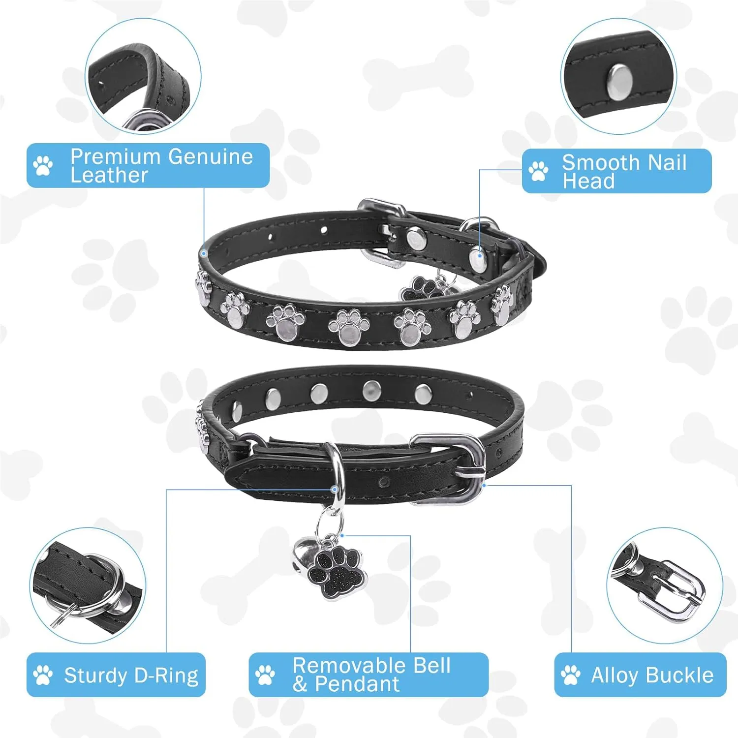 SCENEREAL Leather Cat Collar with Bell and Rivet, Personalized Stud Pet Collars with Safety Elastic Belt and Cute Paw Charm, Adjustable Soft Kitten Puppy Accessories for Boys Girls Cats, Black