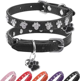 SCENEREAL Leather Cat Collar with Bell and Rivet, Personalized Stud Pet Collars with Safety Elastic Belt and Cute Paw Charm, Adjustable Soft Kitten Puppy Accessories for Boys Girls Cats, Black