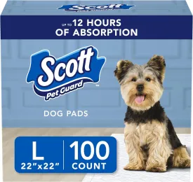 Scott Pet Guard Dog Pads - Medium & Large Dog Training Pee Pads - Up to 12 Hour Absorbent Odor Control - Easily Disposable - Size Large - 22" x 22" - 100 Pack