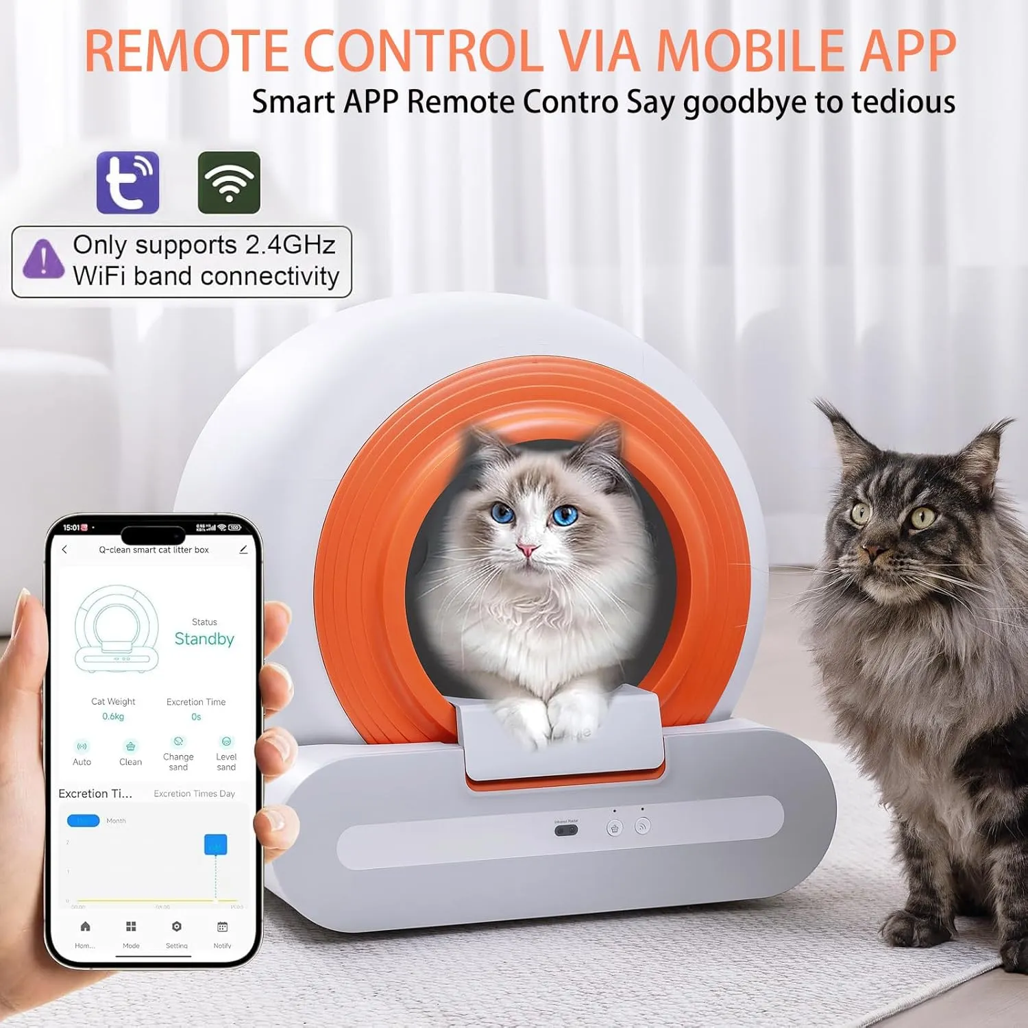 Self-Cleaning Cat Litter Box, New Model Anti-Pinch Automatic Box for Multiple Cats, Safety Large Cat Litter Box, WiFi-2.4G/APP Control, Smart Health Monitor, Easy Clean (Orange)