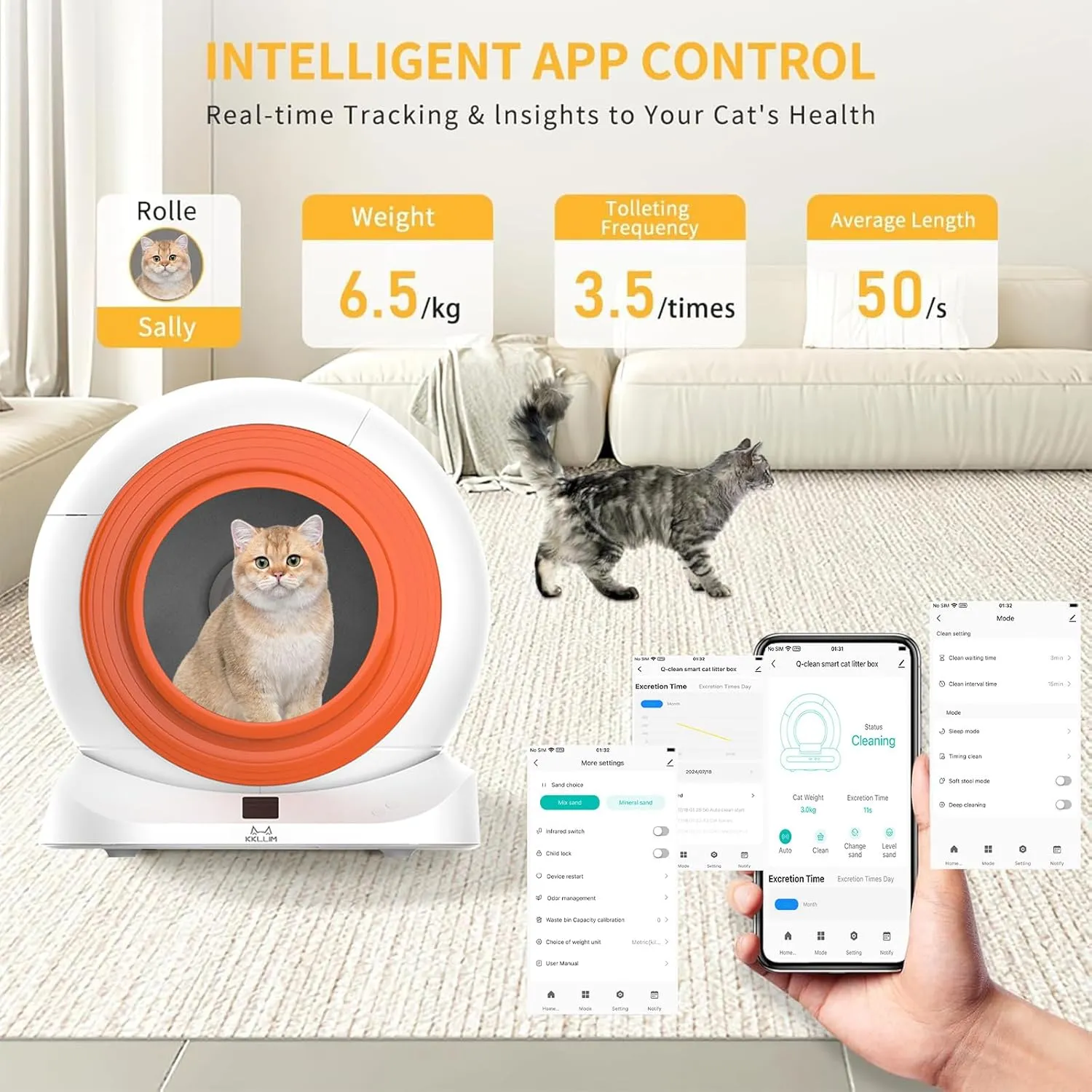 Self-Cleaning Cat Litter Box, New Model Anti-Pinch Automatic Box for Multiple Cats, Safety Large Cat Litter Box, WiFi-2.4G/APP Control, Smart Health Monitor, Easy Clean (White)