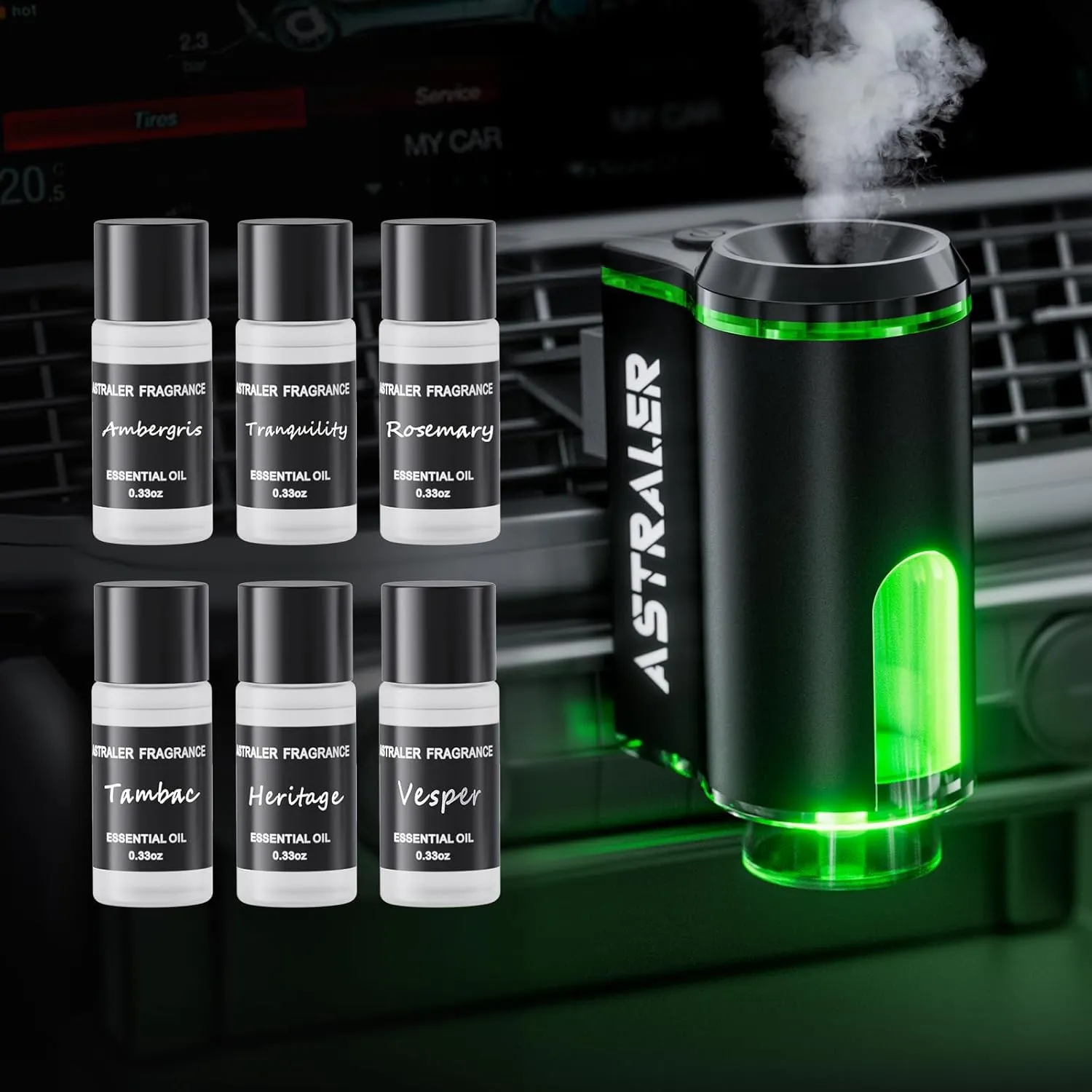 Smart Car Air Freshener Diffuser  Auto On/Off Aromatherapy Diffuser with 3 Scent Modes, USB Rechargeable, Vent Clip, 6 Essential Oil Refills Included  Long-Lasting Fragrance, Car Decor & Gift