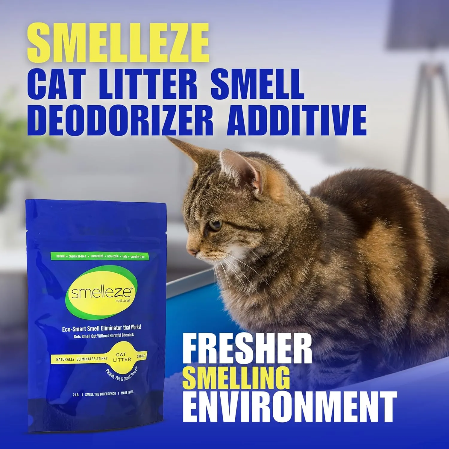 SMELLEZE Natural Cat Litter Smell Eliminator Deodorizer Additive: 2 lb. Rids Strong Urine & Poop Stench. Change Kitty Box Litter Less. Safe for Cats. Unscented