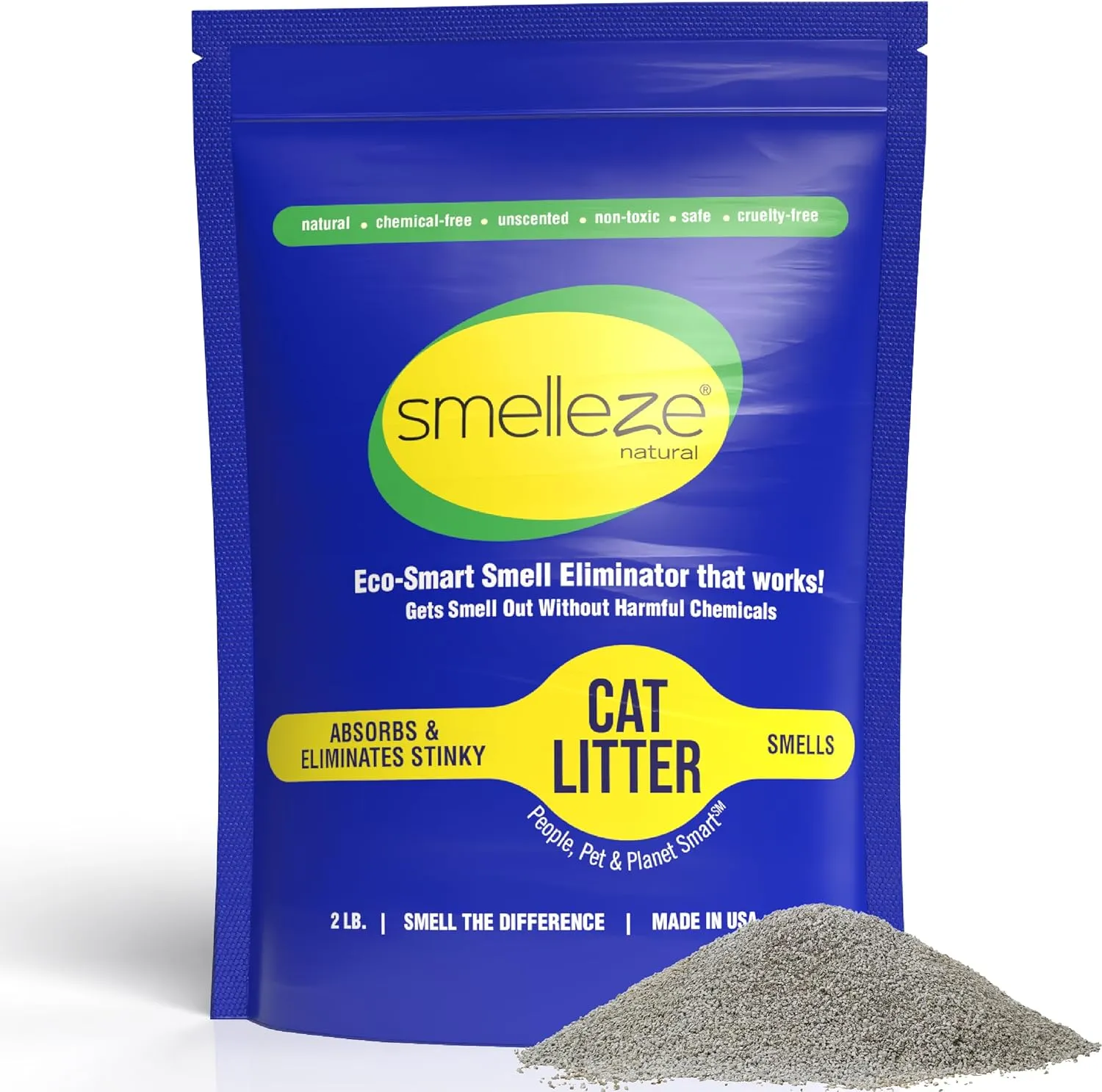 SMELLEZE Natural Cat Litter Smell Eliminator Deodorizer Additive: 2 lb. Rids Strong Urine & Poop Stench. Change Kitty Box Litter Less. Safe for Cats. Unscented