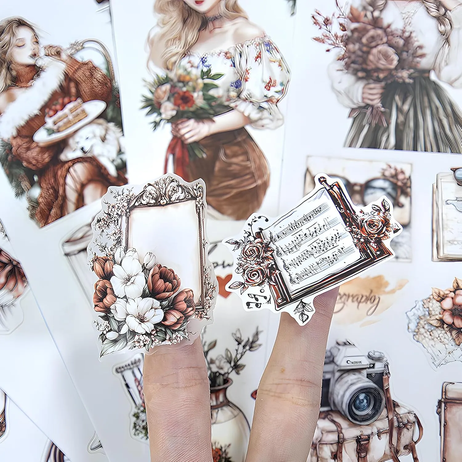 Snycler Romantic Memory Theme Sticker Scrapbooking Supplies for Junk Journal, 20 Sheets PET Stickers - Vintage Journaling Stickers, Ephemera Sticker Book Pre Cut, Junk Journal Supplies, Planner