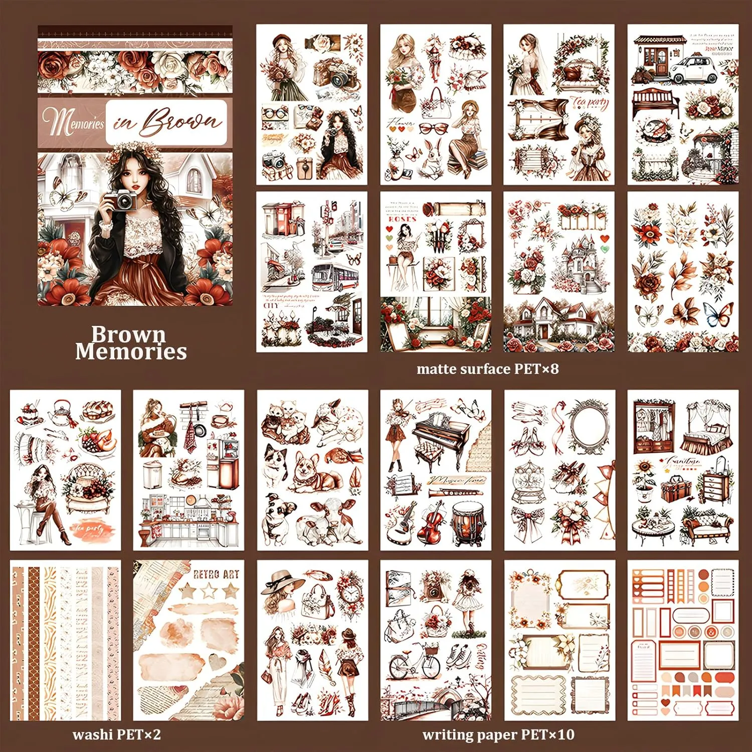 Snycler Romantic Memory Theme Sticker Scrapbooking Supplies for Junk Journal, 20 Sheets PET Stickers - Vintage Journaling Stickers, Ephemera Sticker Book Pre Cut, Junk Journal Supplies, Planner
