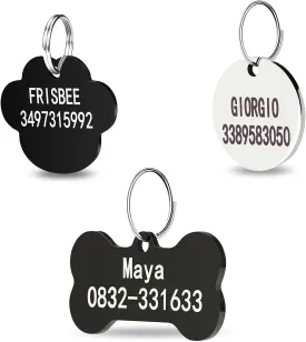 Stainless Steel Pet ID Tags, Personalized Dog Tags, 2 Lines of Custom Text,Names and Phone Number Engraved on Both Sides, in Bone, Round,Dog Paw; Black or Silver (Various Shapes)