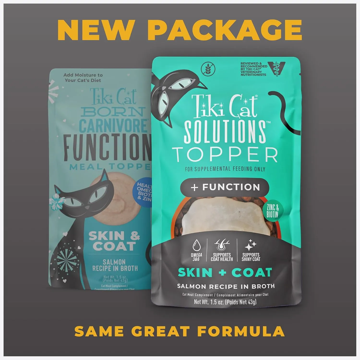 Tiki Cat Solutions Topper, Skin   Coat, Salmon Recipe in Broth, 1.5 oz. Pouch (12 Count)