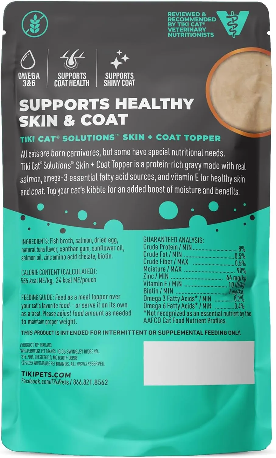 Tiki Cat Solutions Topper, Skin   Coat, Salmon Recipe in Broth, 1.5 oz. Pouch (12 Count)