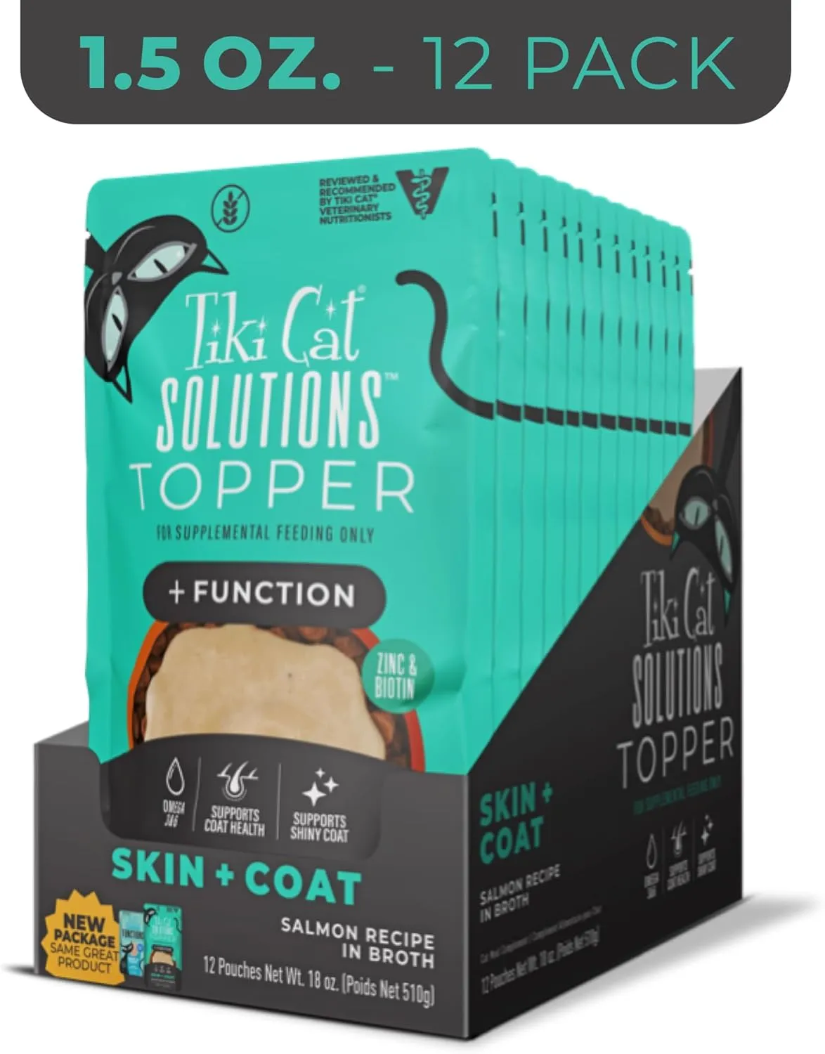 Tiki Cat Solutions Topper, Skin   Coat, Salmon Recipe in Broth, 1.5 oz. Pouch (12 Count)