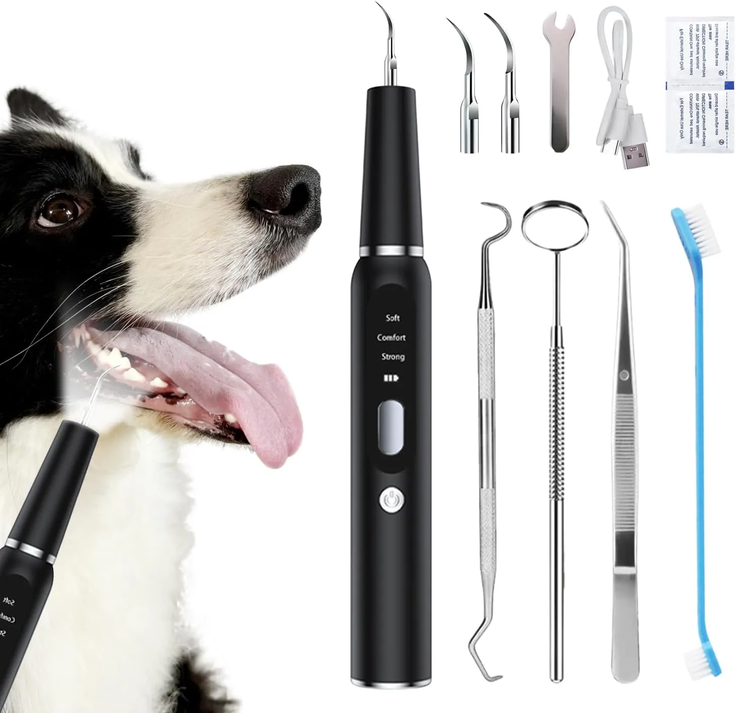 TroisAmis Dog Ultrasonic Plaque Remover for Teeth, Tooth Scaler for Dogs, Dog Teeth Cleaning Kit - Teeth Cleaner with LED LightCanident Dog Tartar Remover, Electronic Dog Toothbrush, Protect Gums
