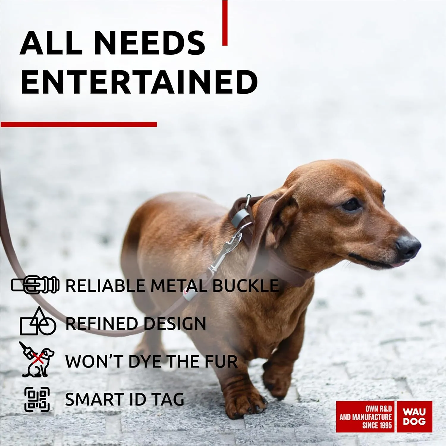 WAUDOG Long Lasting Leather Dog Collar for Large Dogs, Medium & Small Dogs - Adjustable Classic Puppy Collars for Large Breed Dogs - Boy & Girl Dog Collars with Durable Buckle, D-Ring & QR Dog Tag