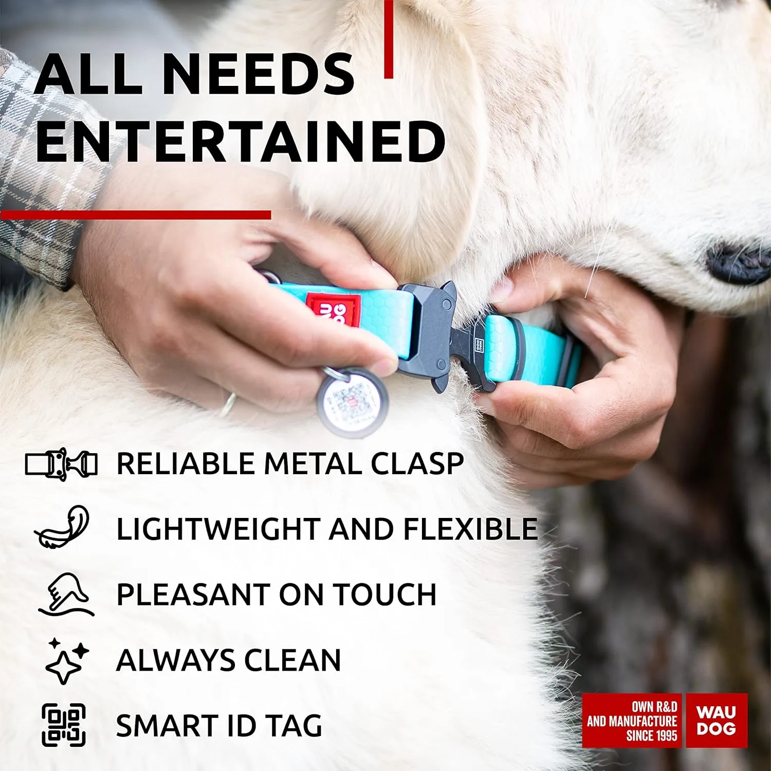WAUDOG Waterproof Dog Collar - Adjustable Dog Collar for Large Dogs, Small and Medium Dogs - Heavy Duty Dog Collars with Durable Metal Clasp and QR Dog Tag - Boy & Girl Dog Collars