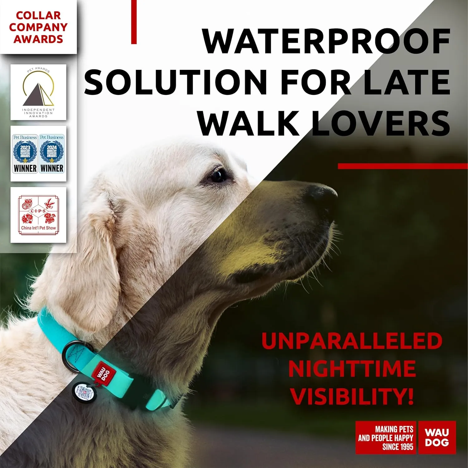 WAUDOG Waterproof Dog Collar - Adjustable Dog Collar for Large Dogs, Small and Medium Dogs - Heavy Duty Dog Collars with Durable Metal Clasp and QR Dog Tag - Boy & Girl Dog Collars